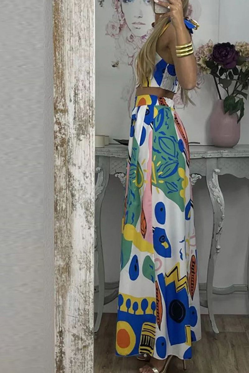 Graffiti Printed Tie Top & Pleated Skirt Set
