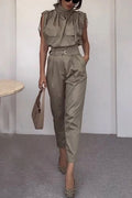 Side Pocket Belt Long Pant Set In Sage