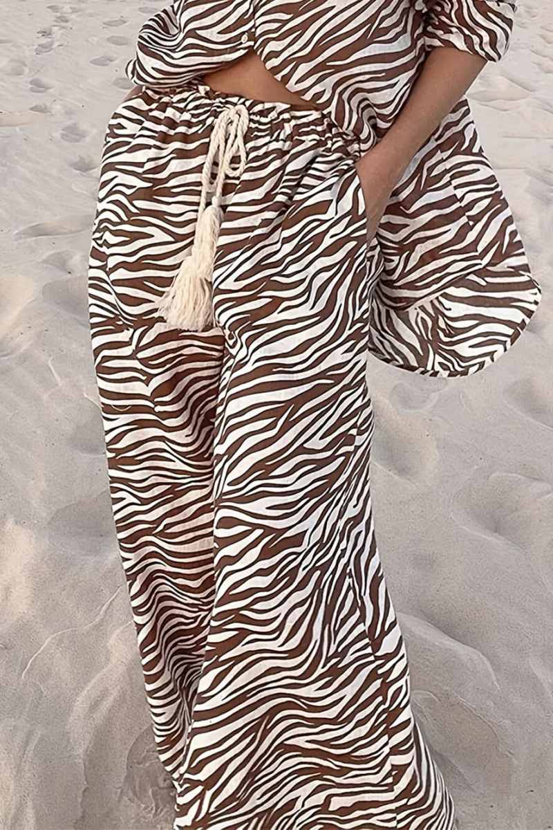 Button Open Collar Loose Zebra Print -Set