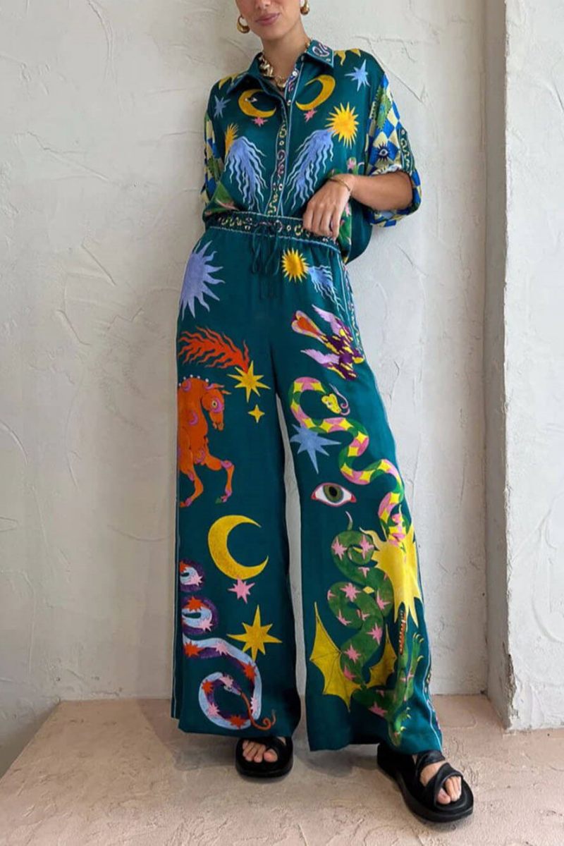 Unique Print Elastic Waist Pocketed Set