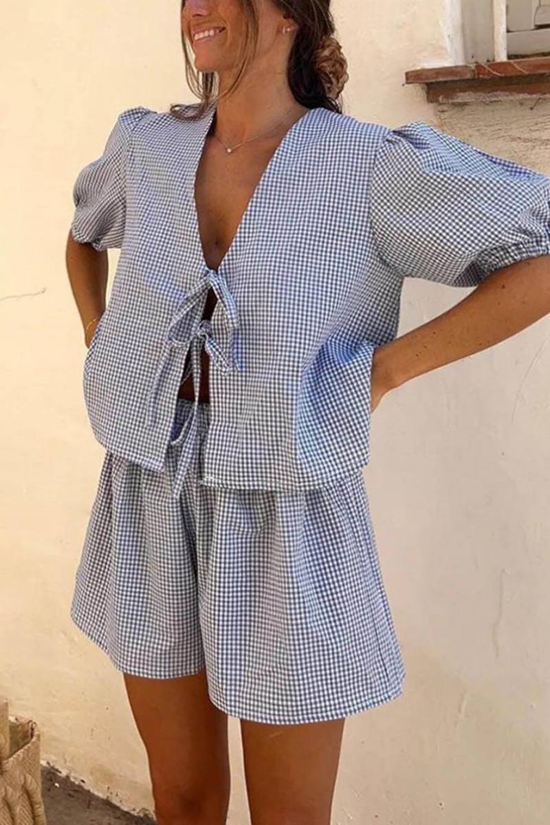 Plaid Front Top and Elastic Waist Shorts Set
