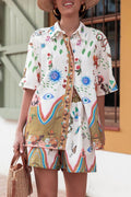Print Shirt Aad Elastic Waist Pocket Shorts Set