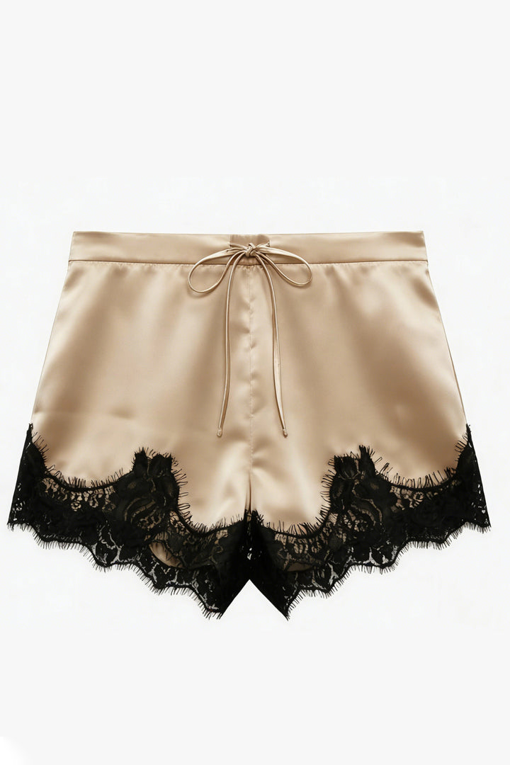 Black Top & Lace Trim Satin Shorts Set