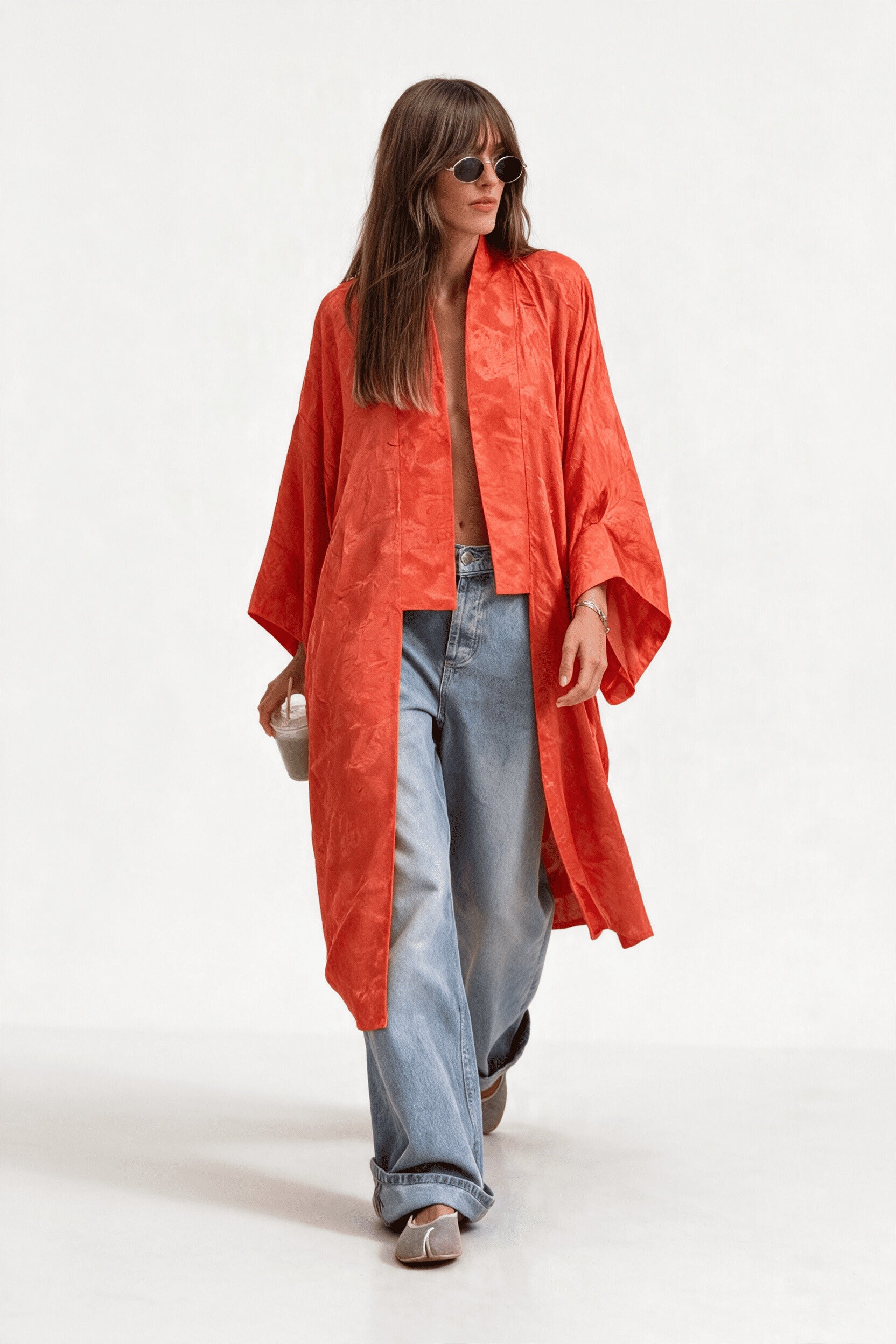 Orange Jacquard Kimono Cardigan