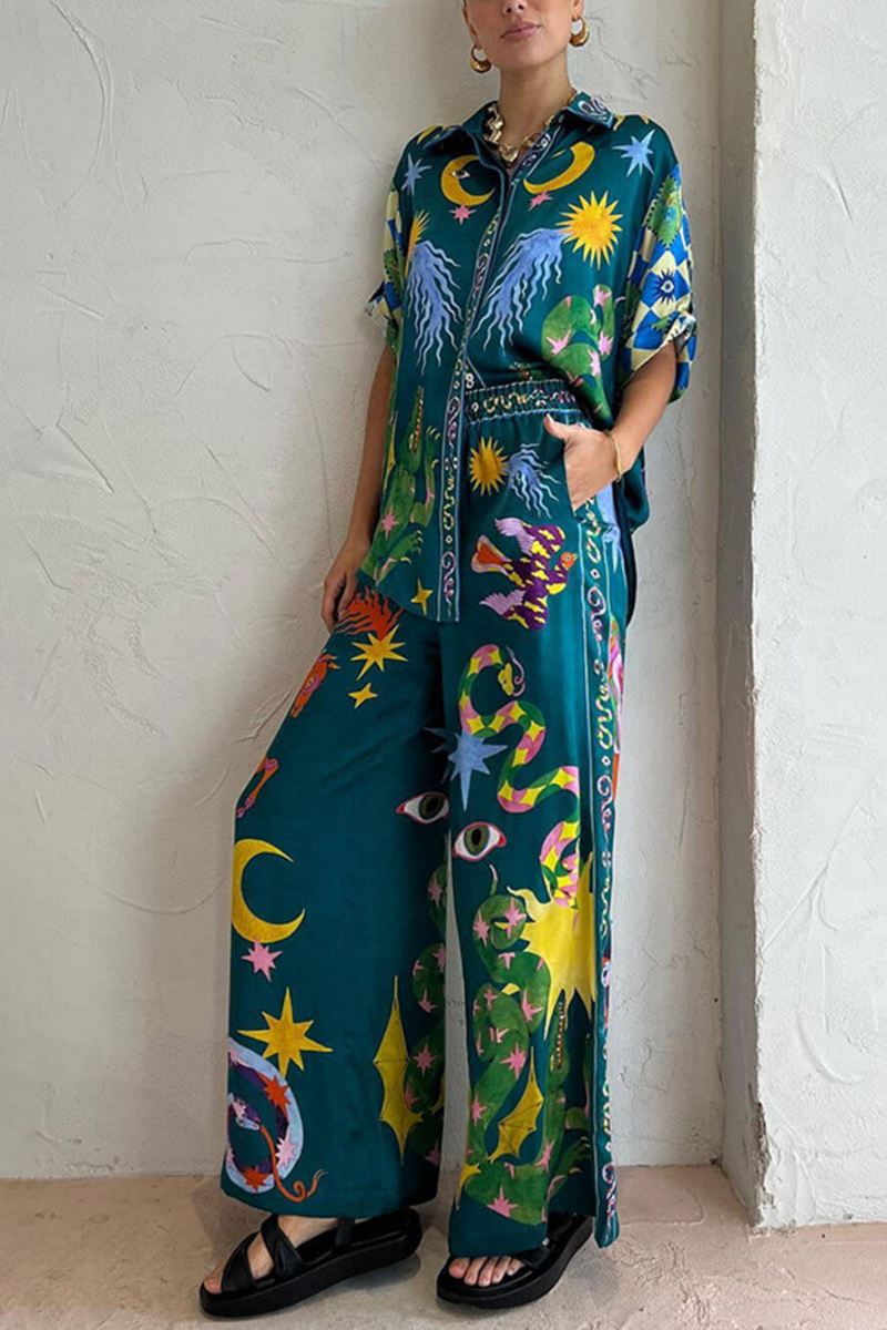 Unique Print Elastic Waist Pocketed Set
