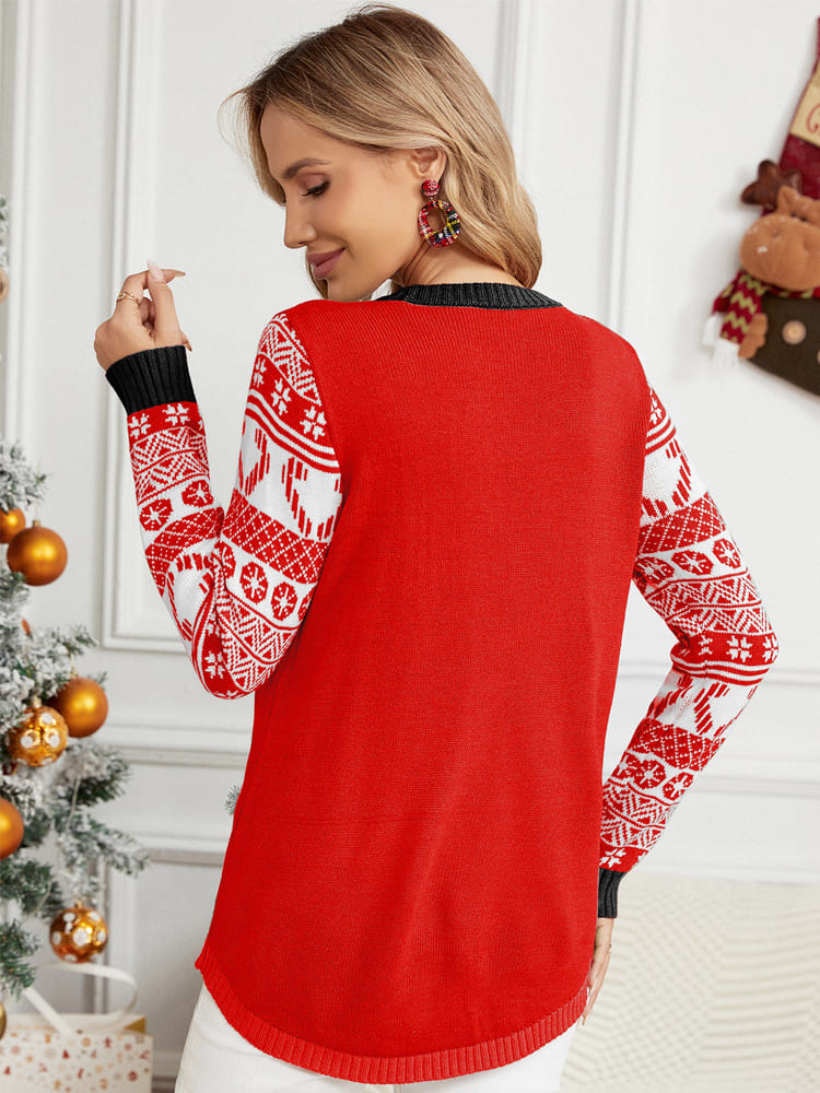 Christmas Long Sleeve Cat Appliqué Round Sweater