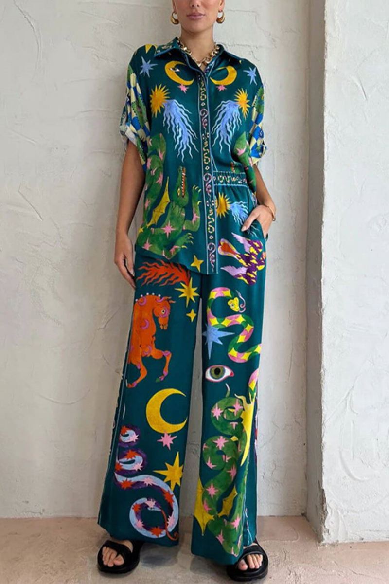 Unique Print Elastic Waist Pocketed Set