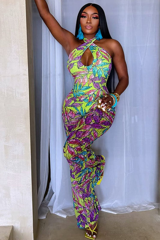 Dopamine Tropical Print Halter Jumpsuit