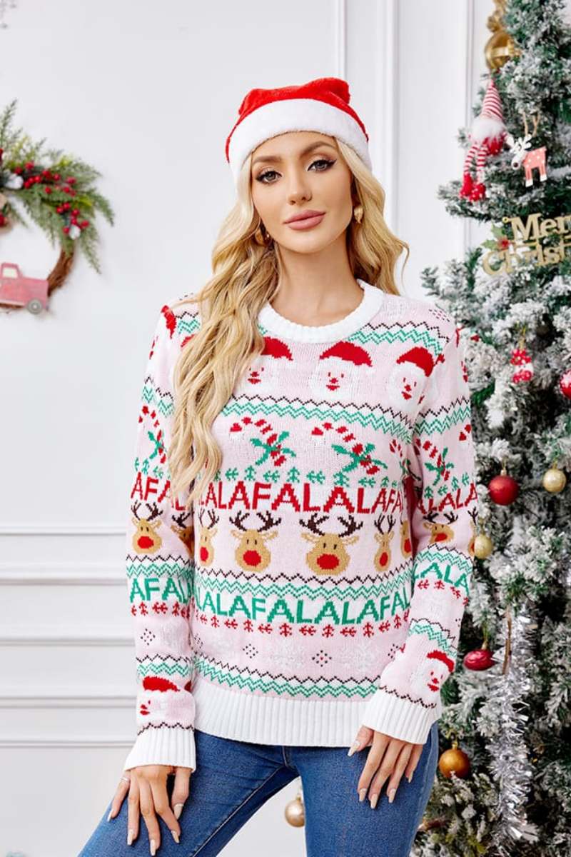 Loose-Fit Round Neck Cartoon Knit Sweater - Pink