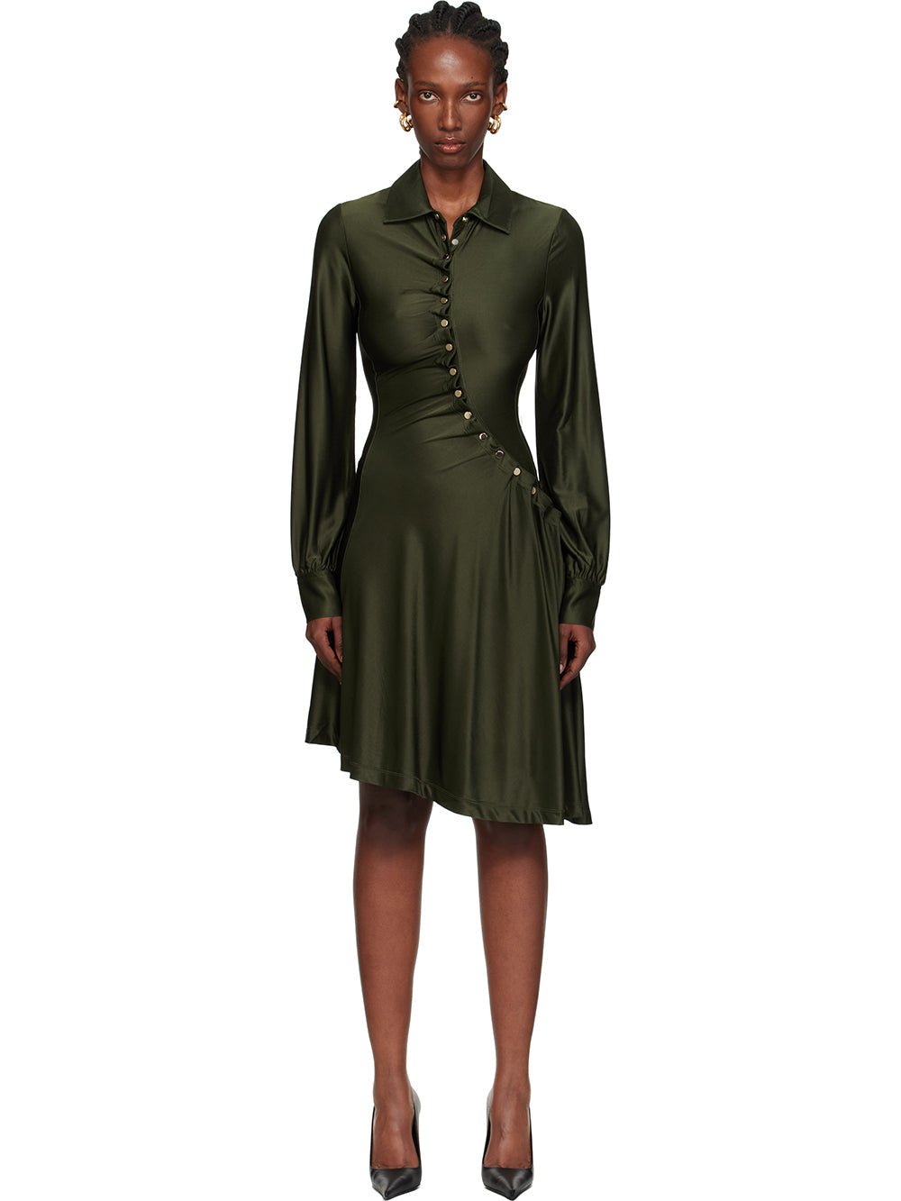 Asymmetric Satin Shirt Midi Dress