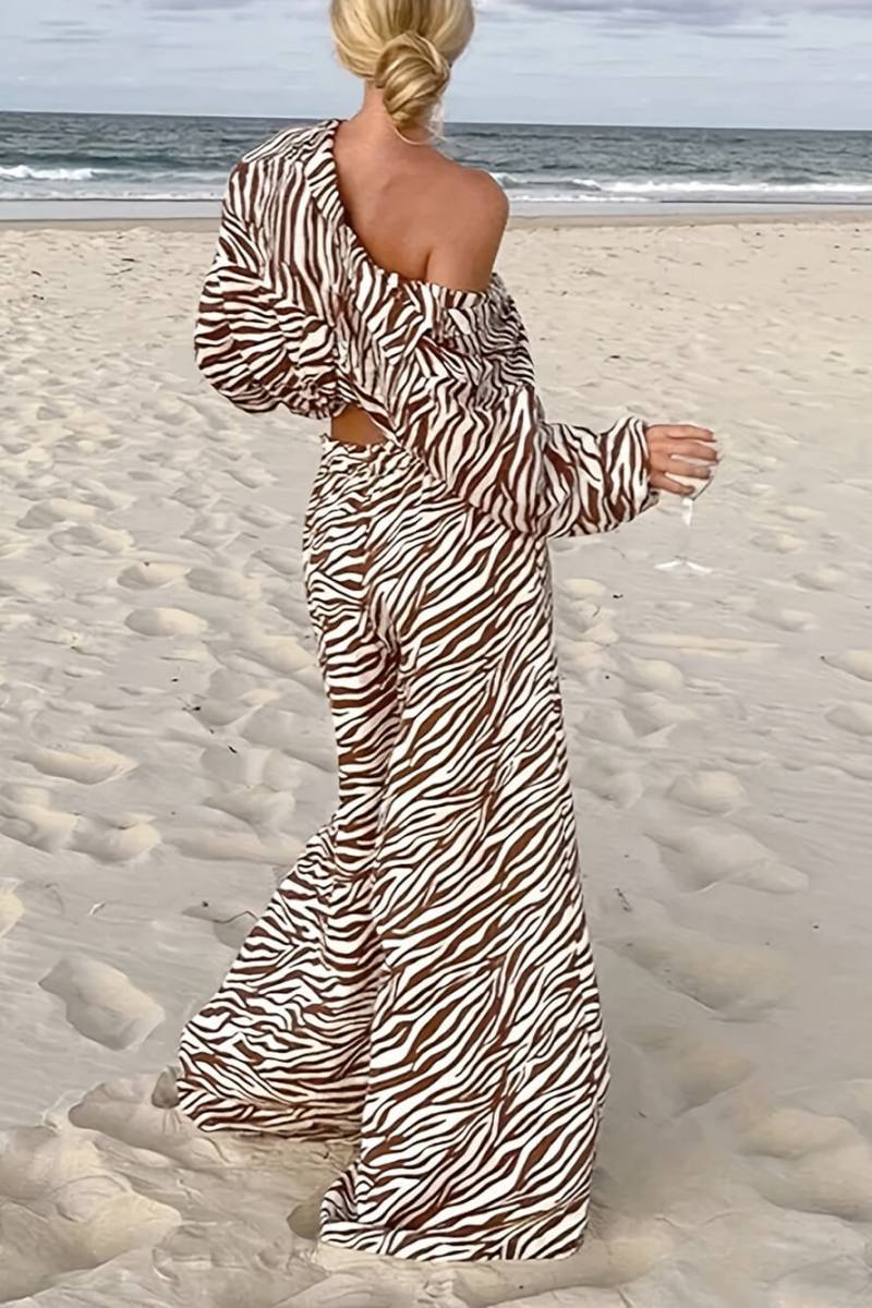 Button Open Collar Loose Zebra Print -Set
