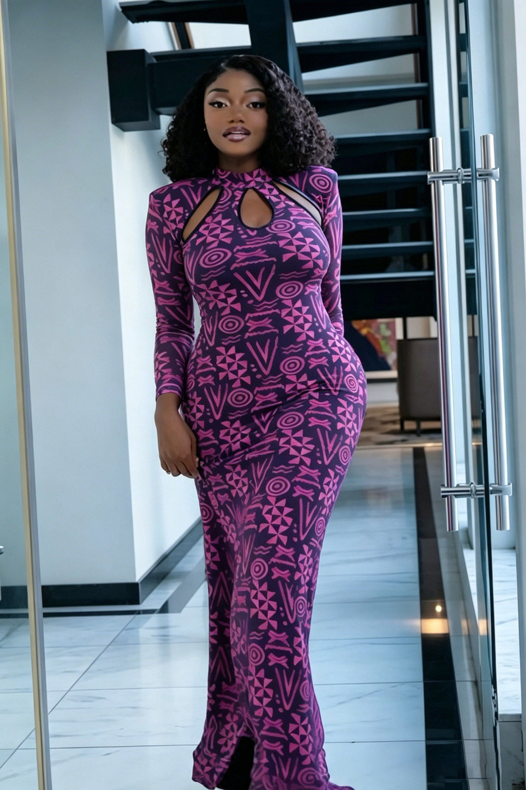 Totem Pattern Mesh Maxi Dress