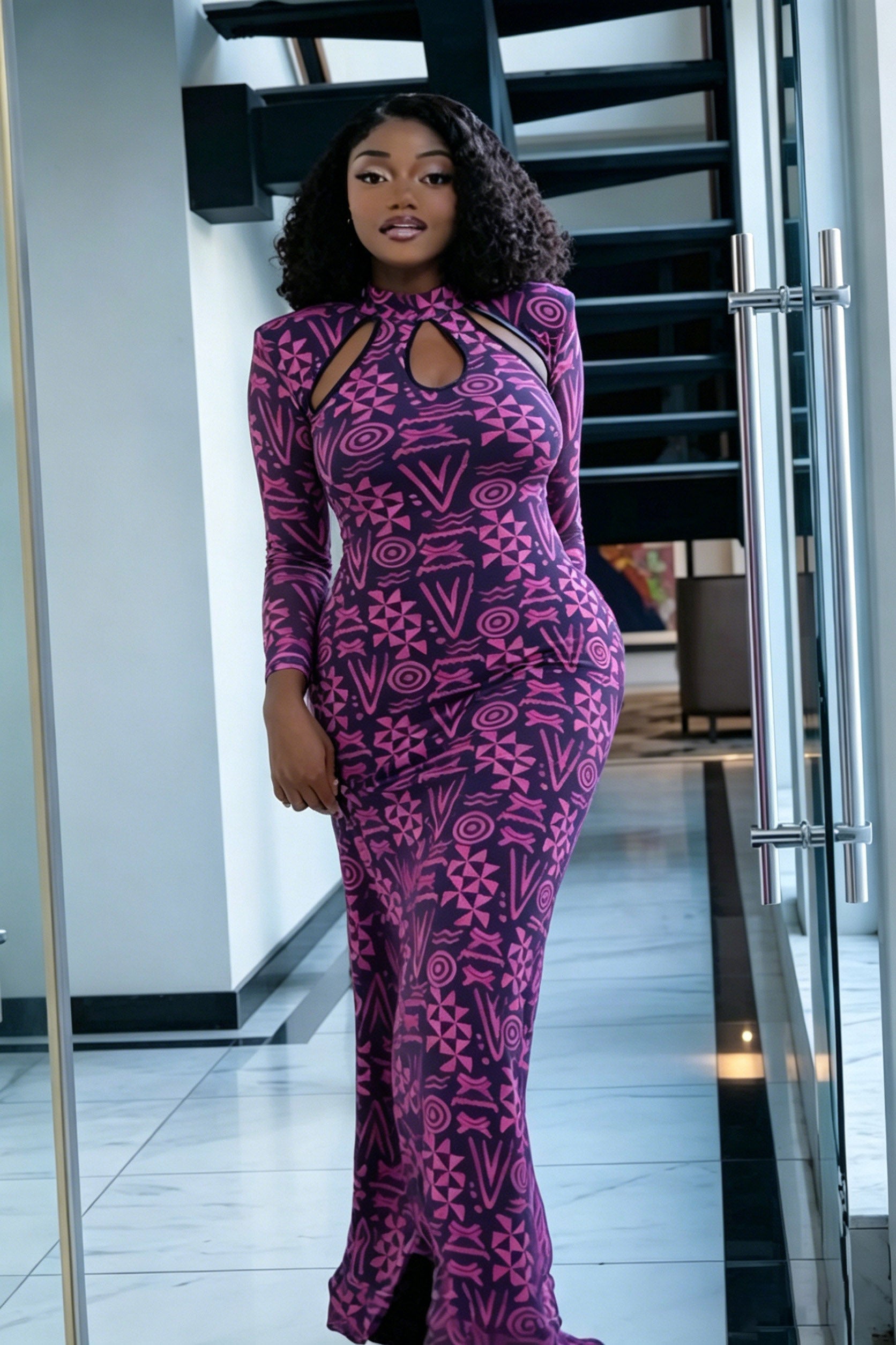 Totem Pattern Mesh Maxi Dress