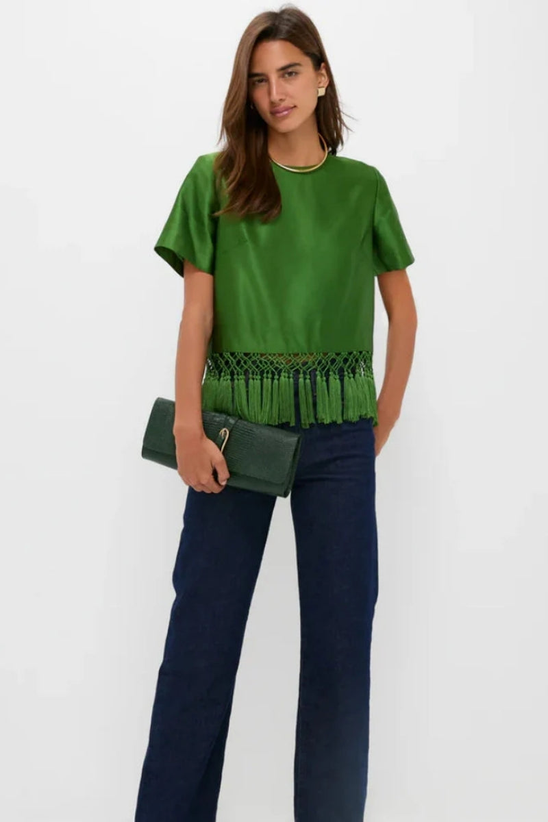 Green Satin Fringe Top