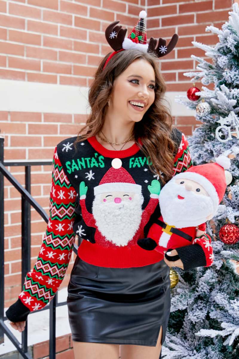 Embroidered Santa Claus Crew Neck Knit Sweater