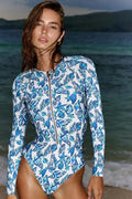 Green Zip-Up Floral Surf Swimsuit Set