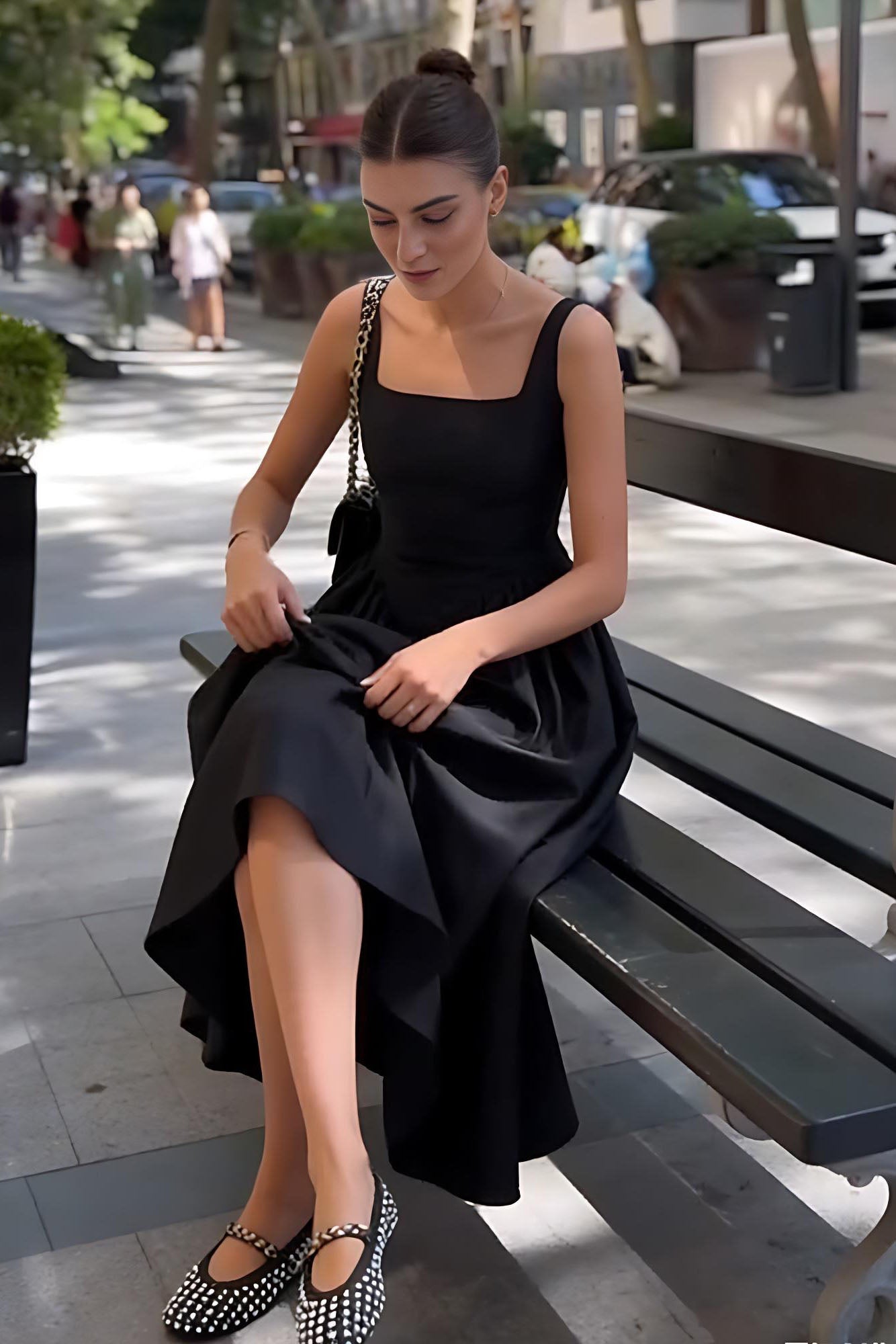 Black Square Neck Back Bow Midi Dress