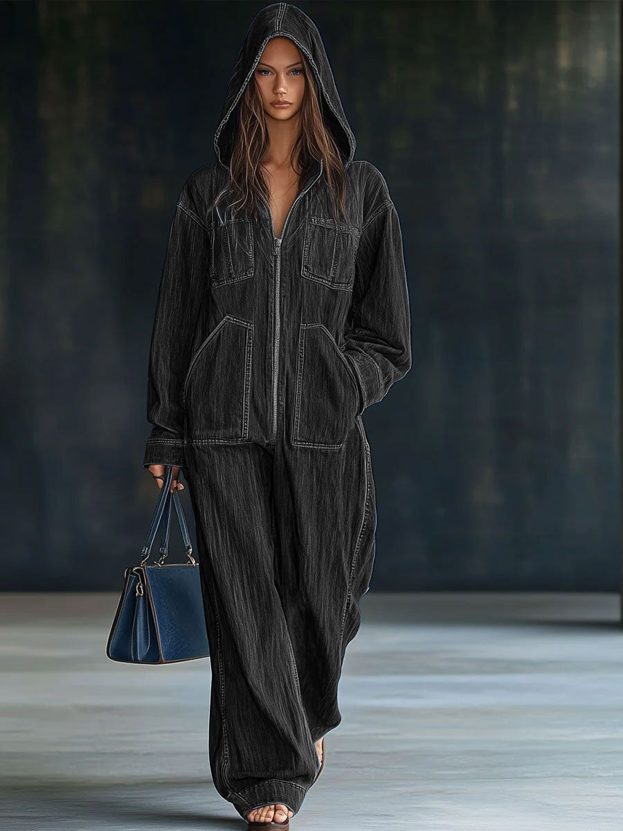 Loose Retro Pocket Long Sleeve Denim Jumpsuit