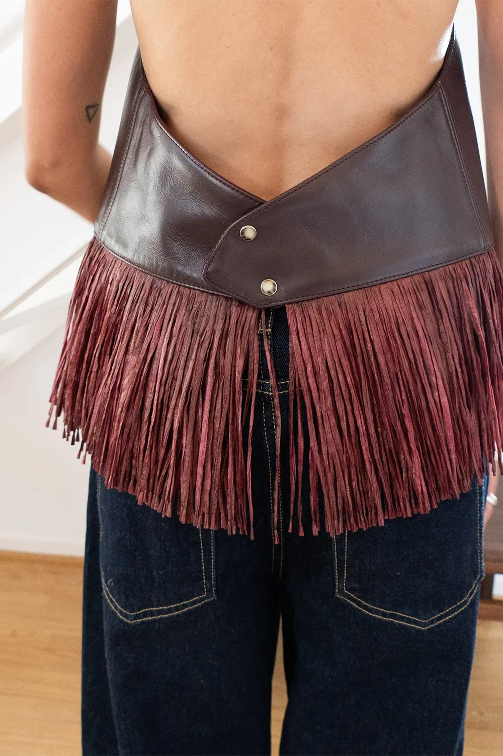 Burgundy Leather Halter Fringe Top