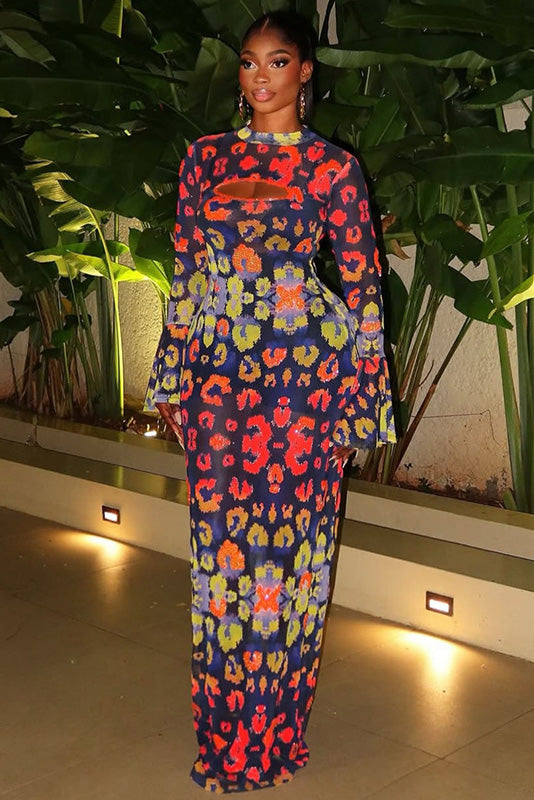 Indigo Retro Blush Art-Pattern Maxi Dress