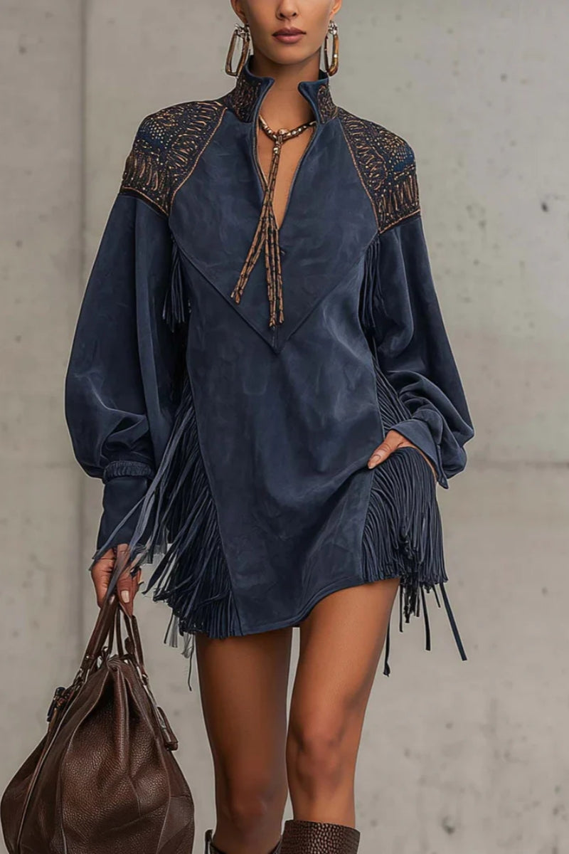 Indigo Faux Suede Embroidered Tassel Mini Dress