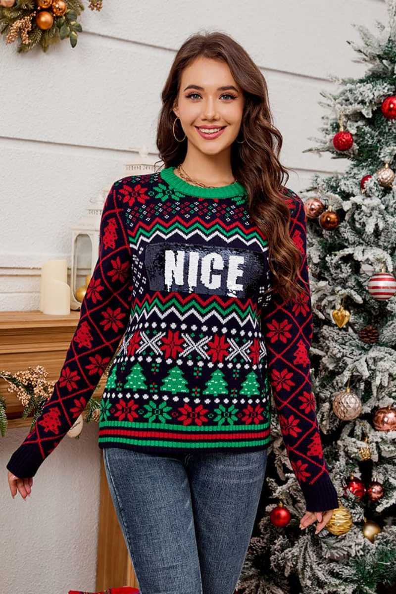 Sequin Embroidered Jacquard Knitted Sweater