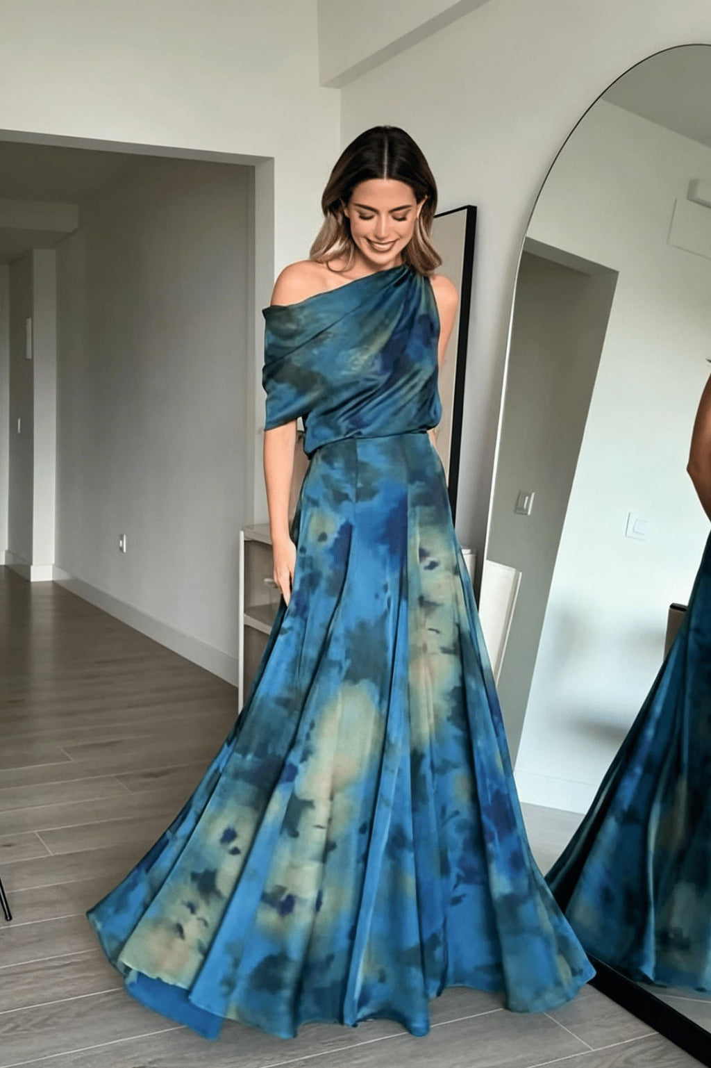 Draped Neck Abstract Skirt Set