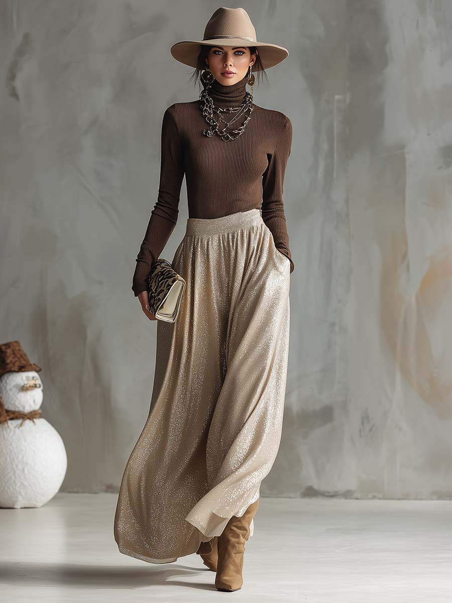 Retro Brown Knitted Top Silver Skirt Set