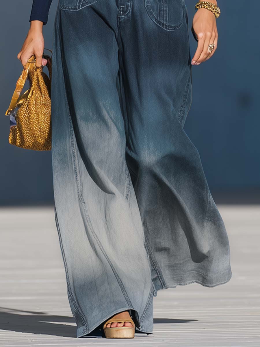 Gradient Washed Denim Blue Gray Loose Pants