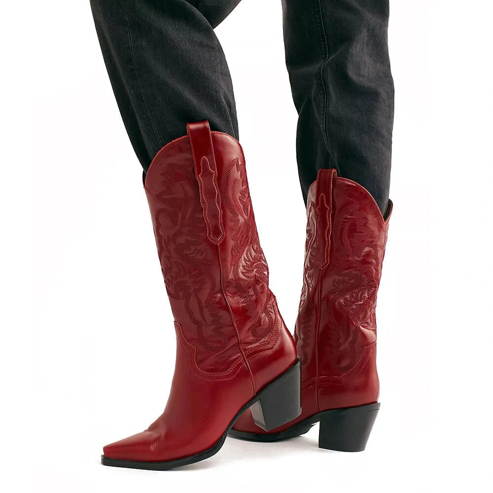 Embroidered Pointed Toe Thick Heel Western Boots
