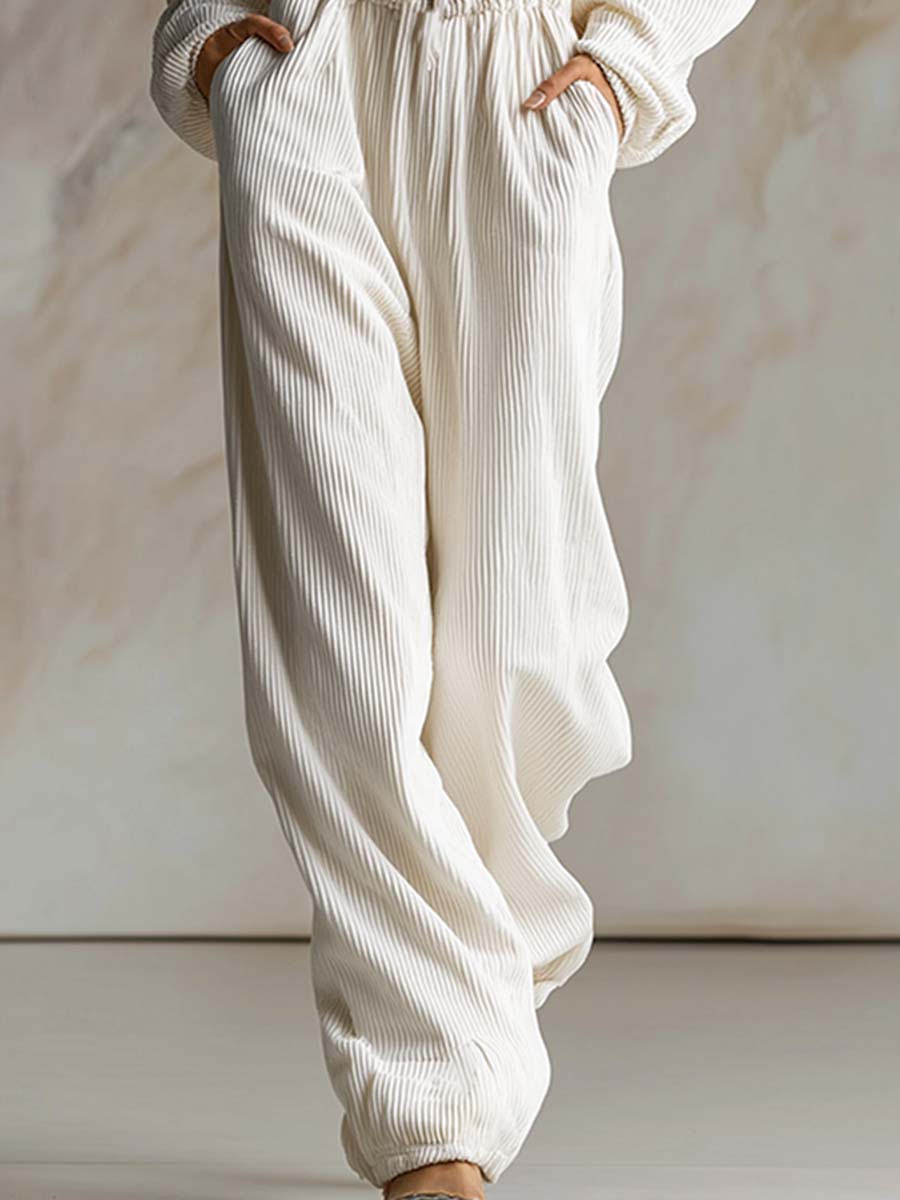 Loose White Corduroy Hooded Long Sleeve Jumpsuit