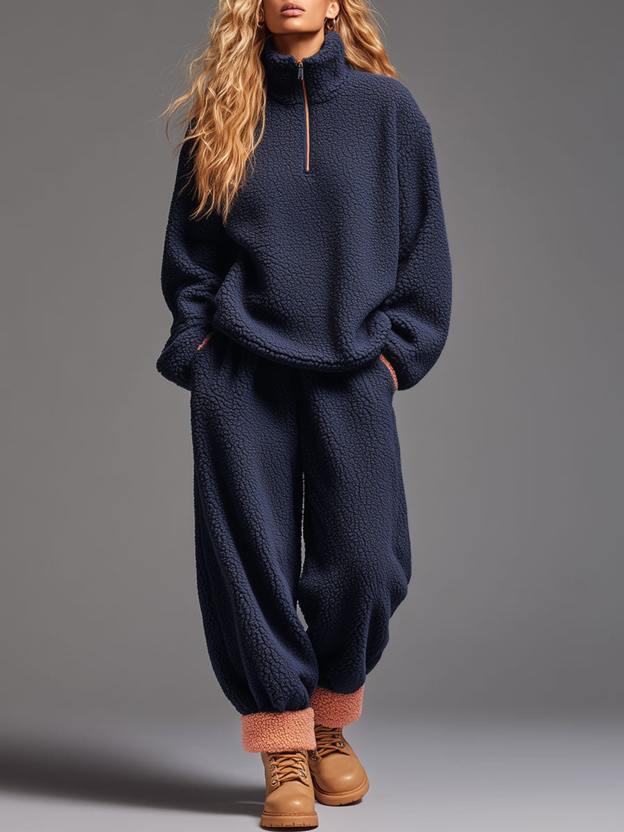 Navy Blue Polar Fleece Half-zip Pants Sports Set