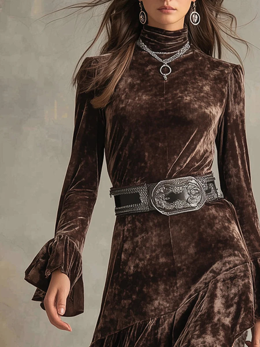 High-neck Long-sleeved Bell Velvet Midi Dress