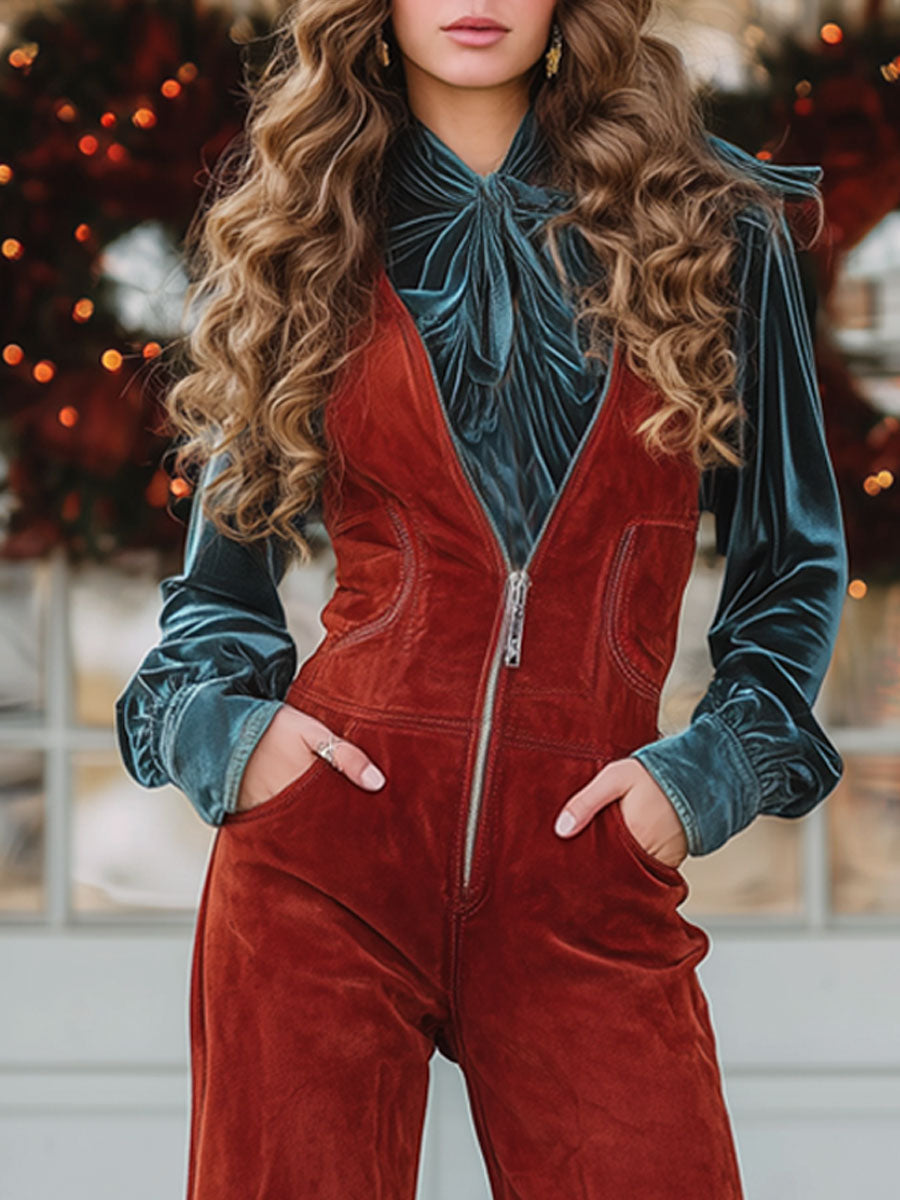V-neck Red Faux Suede Wide-leg Tassel Overalls