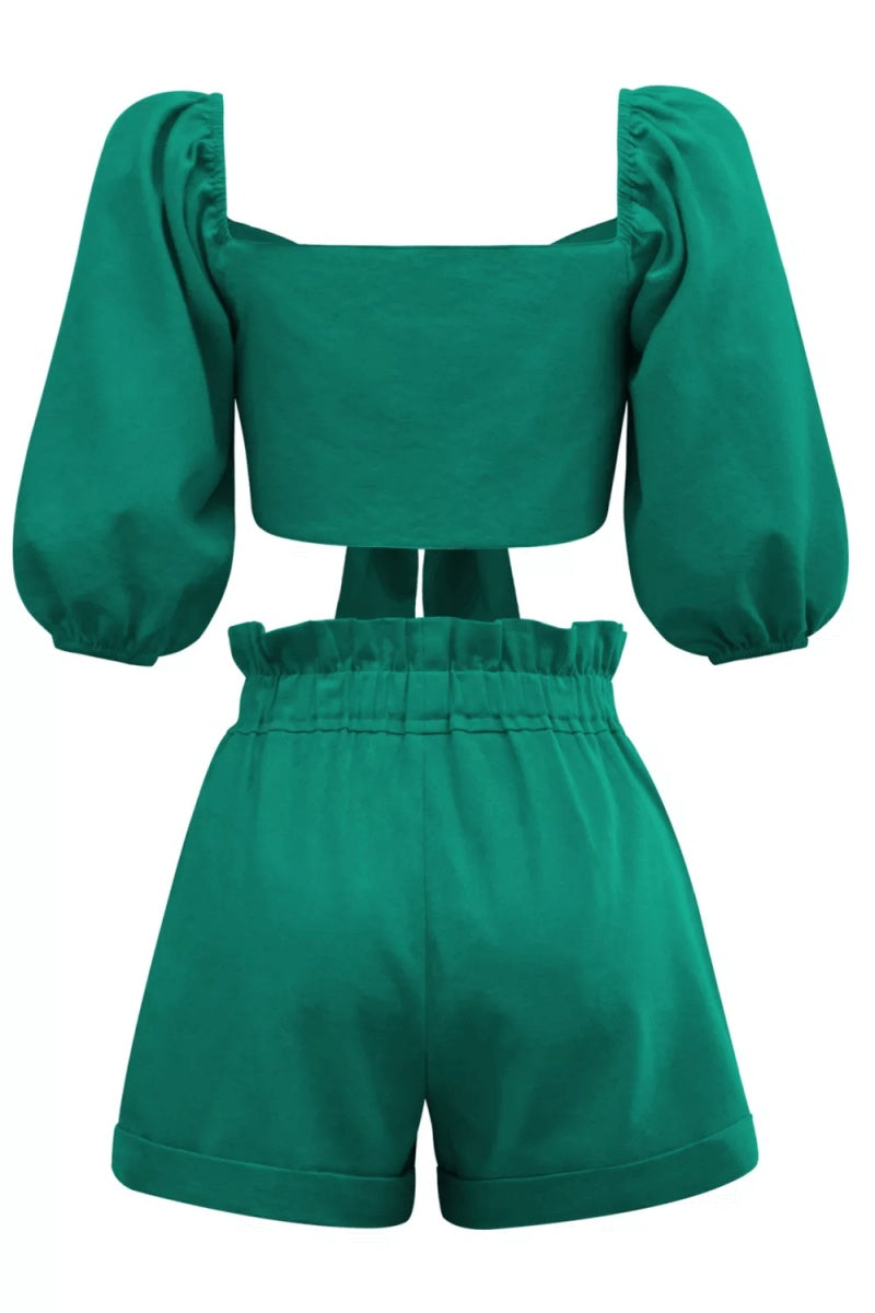 Linen Wrap Front Puff Sleeve Shorts Sets In Green