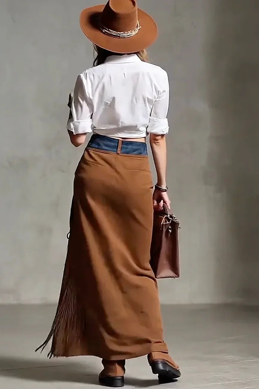 Suede Fringe Maxi Skirt