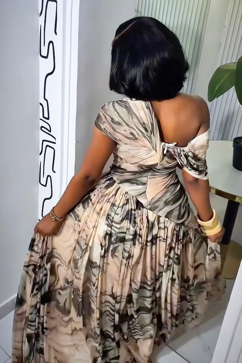 Ink Print Asymmetric Maxi Dress