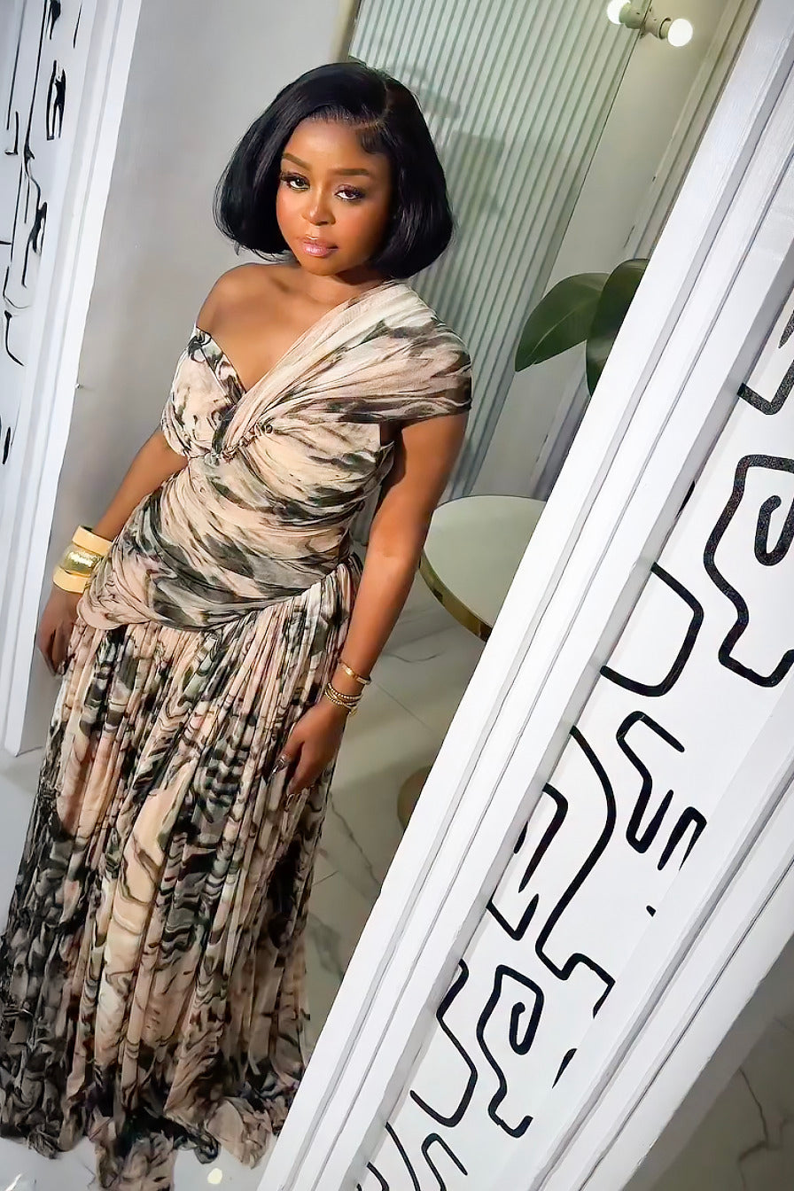 Ink Print Asymmetric Maxi Dress