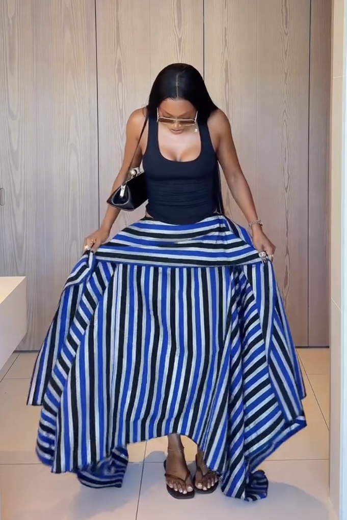 Asymmetric Striped High-Low Maxi Skirt