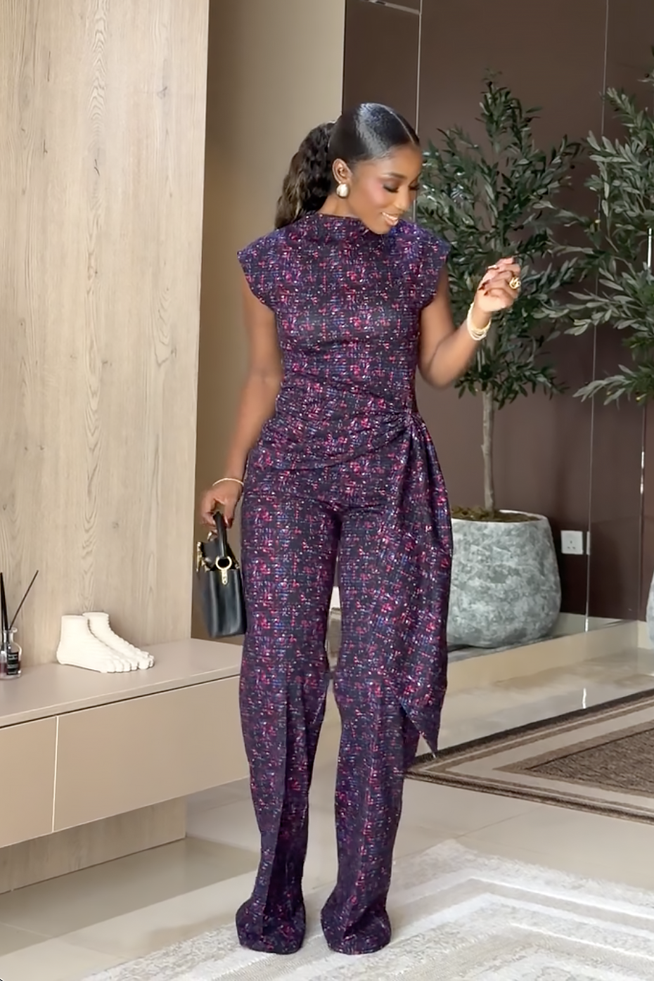 Purple Mosaic Print Wrap Waist Pants Set