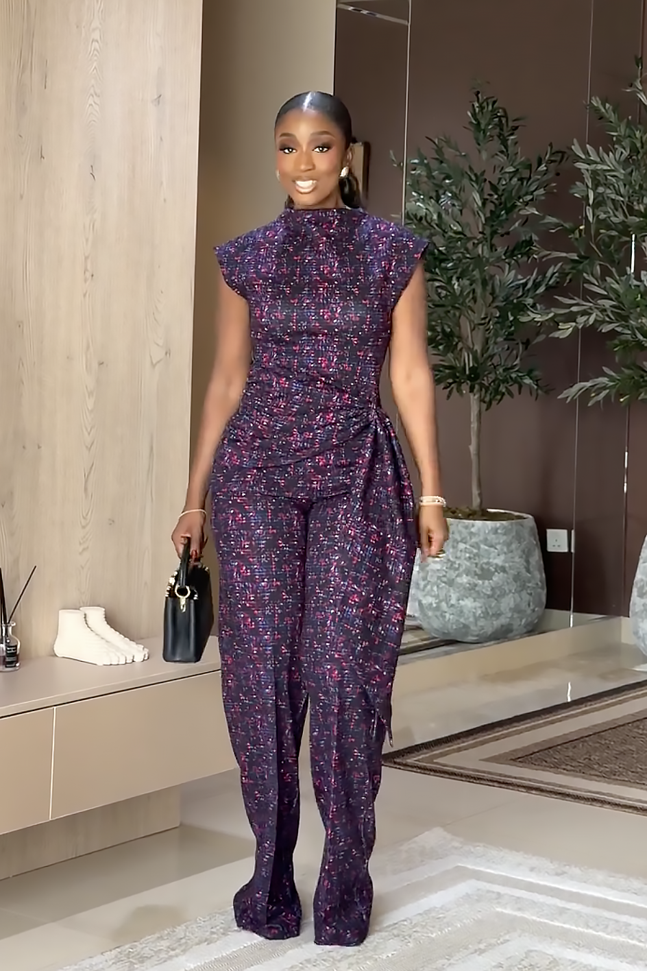 Purple Mosaic Print Wrap Waist Pants Set