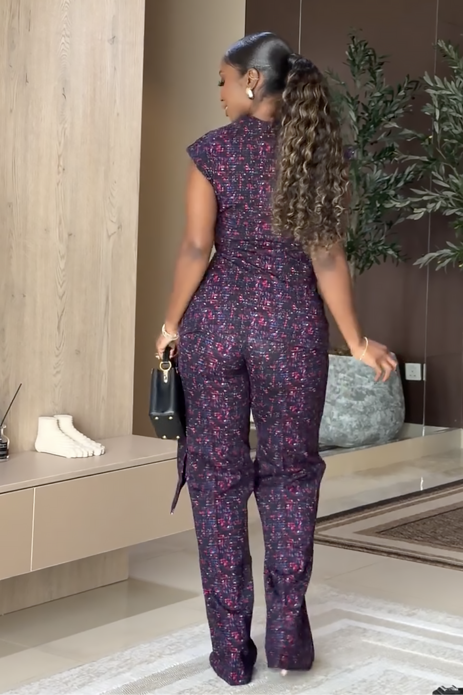 Purple Mosaic Print Wrap Waist Pants Set