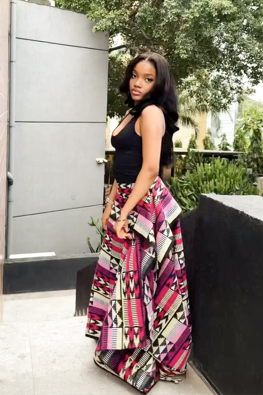 Vibrant Multicolor Geometric High-Low Midi Skirt