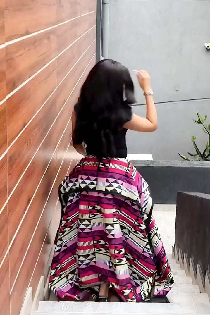 Vibrant Multicolor Geometric High-Low Midi Skirt