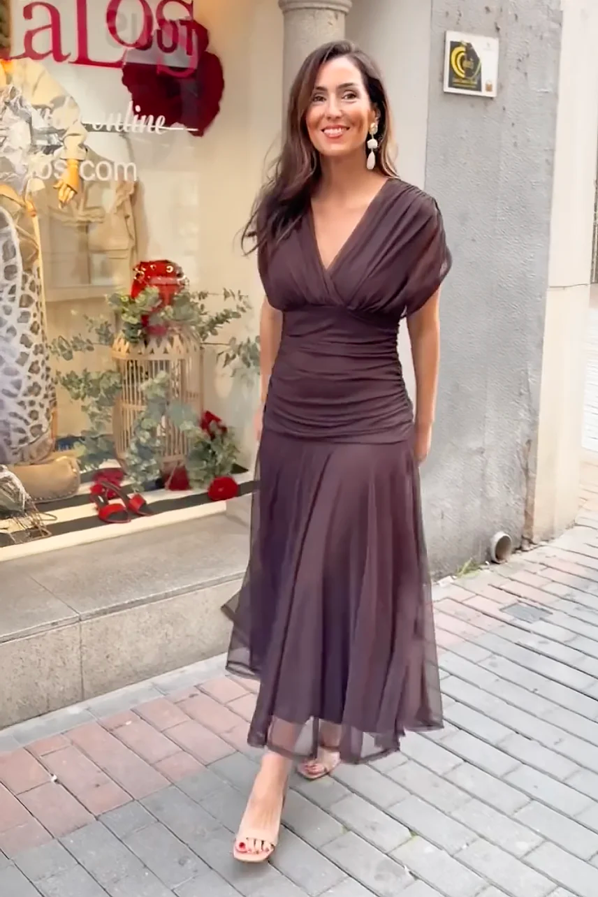 V-Neck Mesh Midi Dress