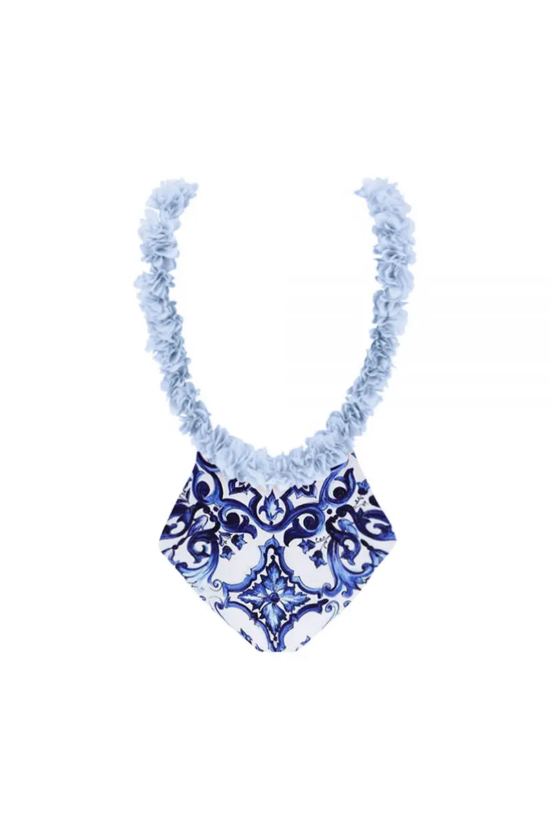 Blue One-Piece Bikini with Handmade Appliqué