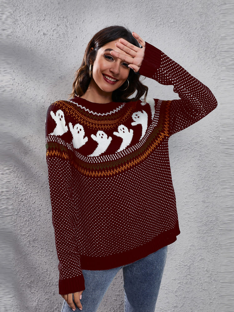 Literary Retro Ghost Pattern Neck Knitted Sweater