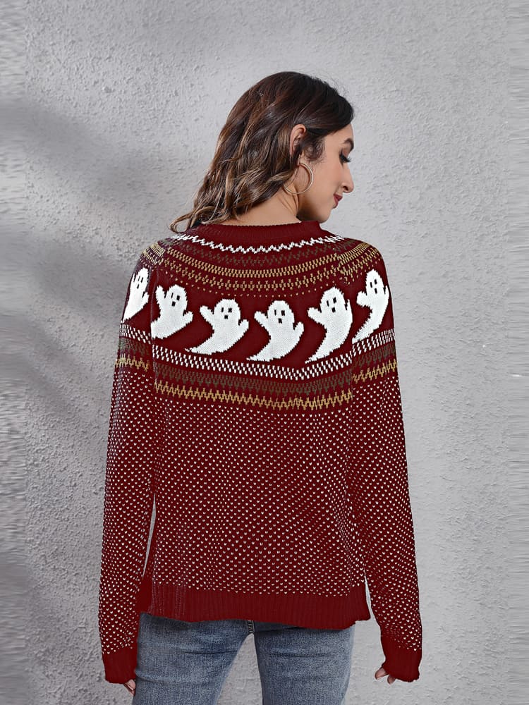Literary Retro Ghost Pattern Neck Knitted Sweater