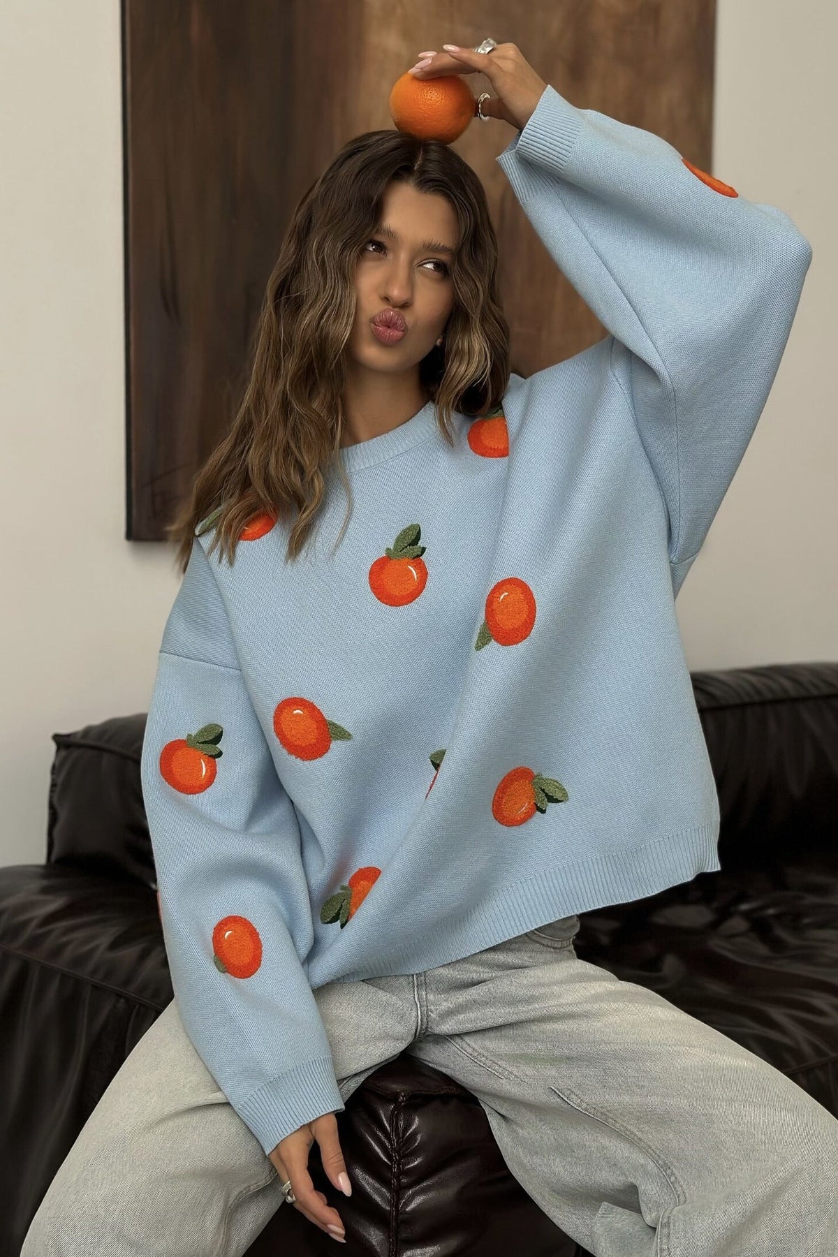 Girls' Orange Flocked Knit Sweater