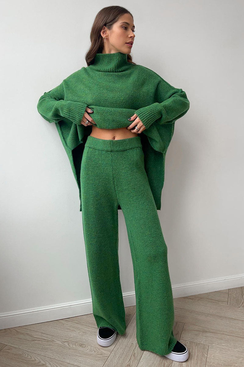 Turtleneck Split Sweater Loose Knit Pants Set